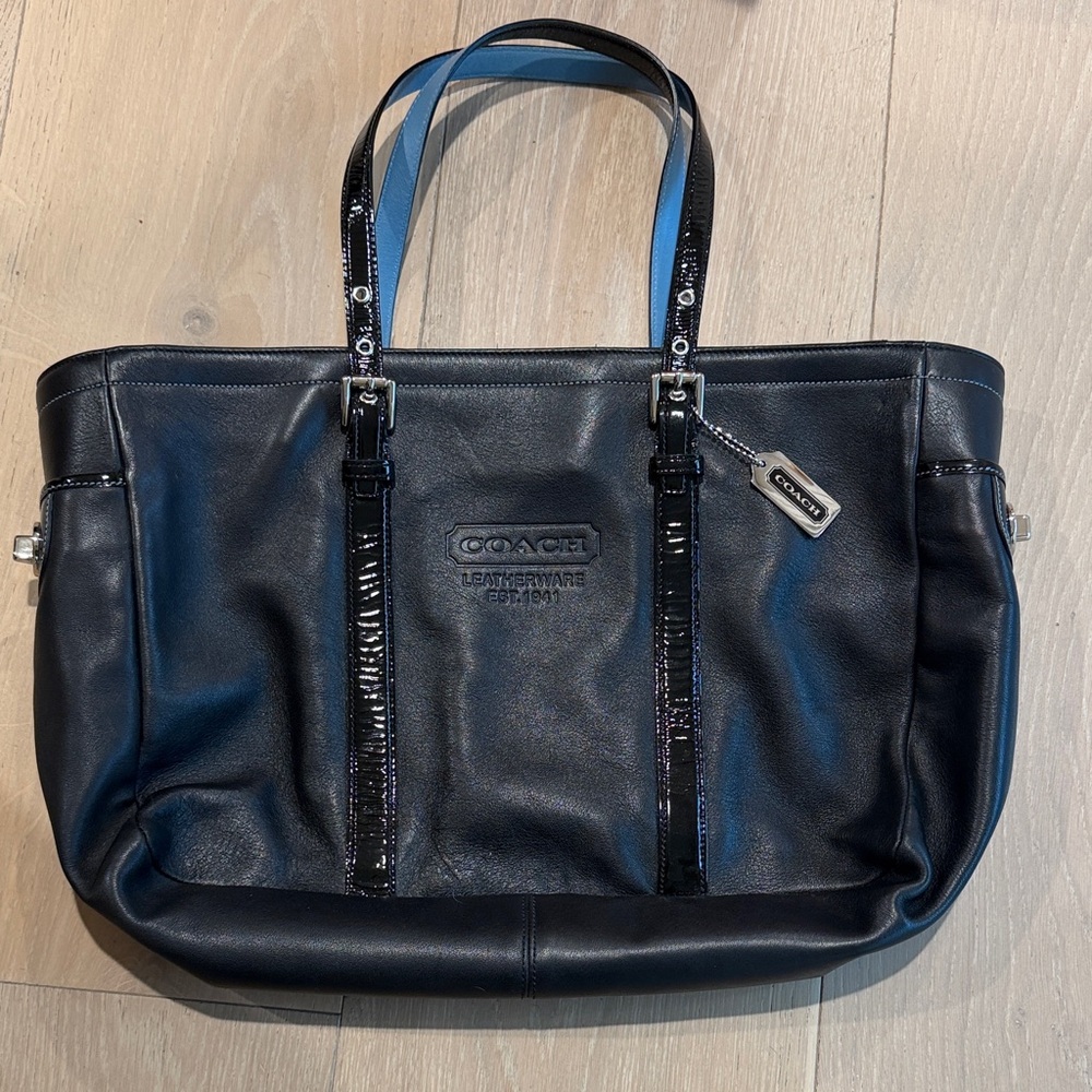Coach Black Leather Messenger Tote with Patent Trim